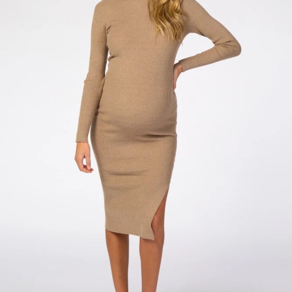 PinkBlush Taupe Ribbed Fitted Mock Neck Long Sleeve Midi Dress — Size Large
